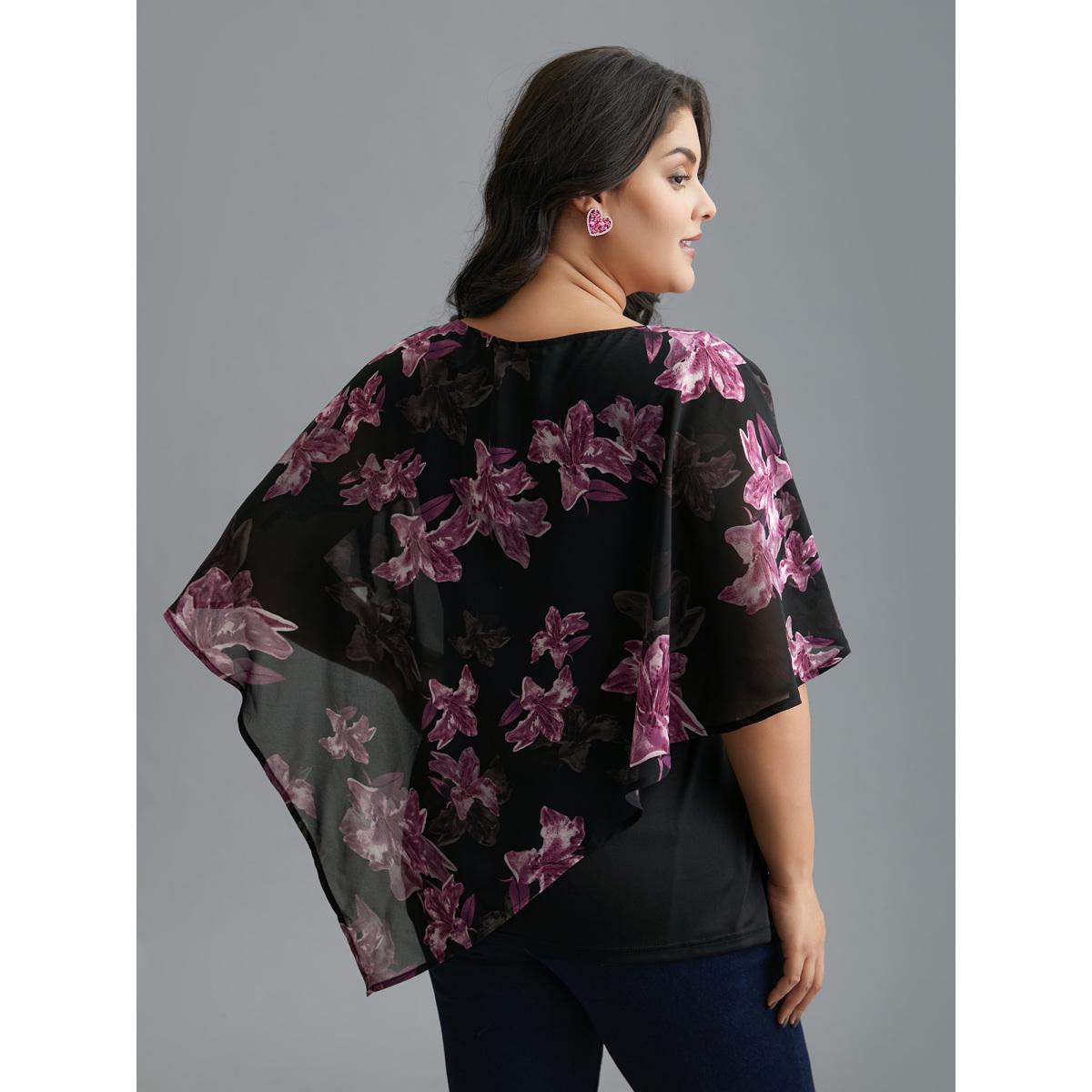 Plus Size Black Floral Asymmetrical Sheer Dolman Sleeve Blouse Women Elegant Elbow-length sleeve Round Neck Everyday Blouses BloomChic 18-20/2X Product Image