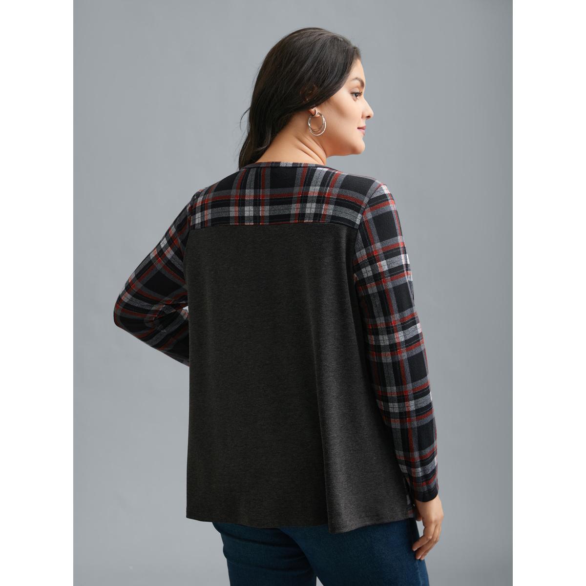 Plus Size Gingham Patchwork Button Detail T-Shirt DimGray Women Casual Contrast Round Neck Everyday T-shirts BloomChic 28/5X Product Image