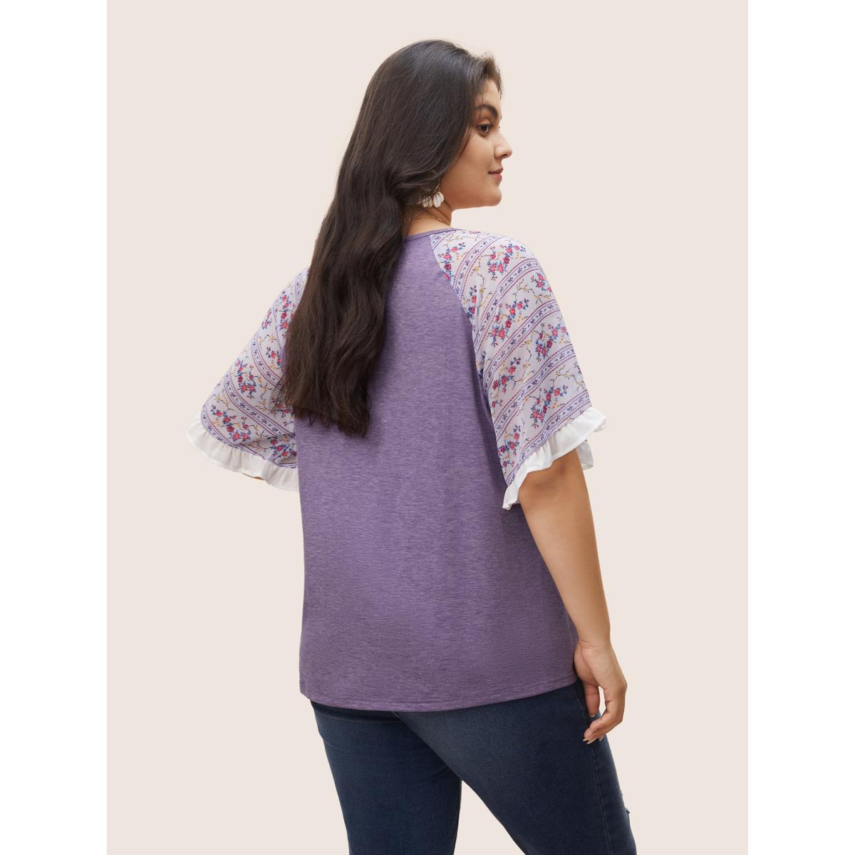 Plus Size Ditsy Floral Patchwork Frill Trim Raglan Sleeve T-shirt Purple Women Elegant Contrast Ditsy Floral V-neck Everyday T-shirts BloomChic 10/M Product Image