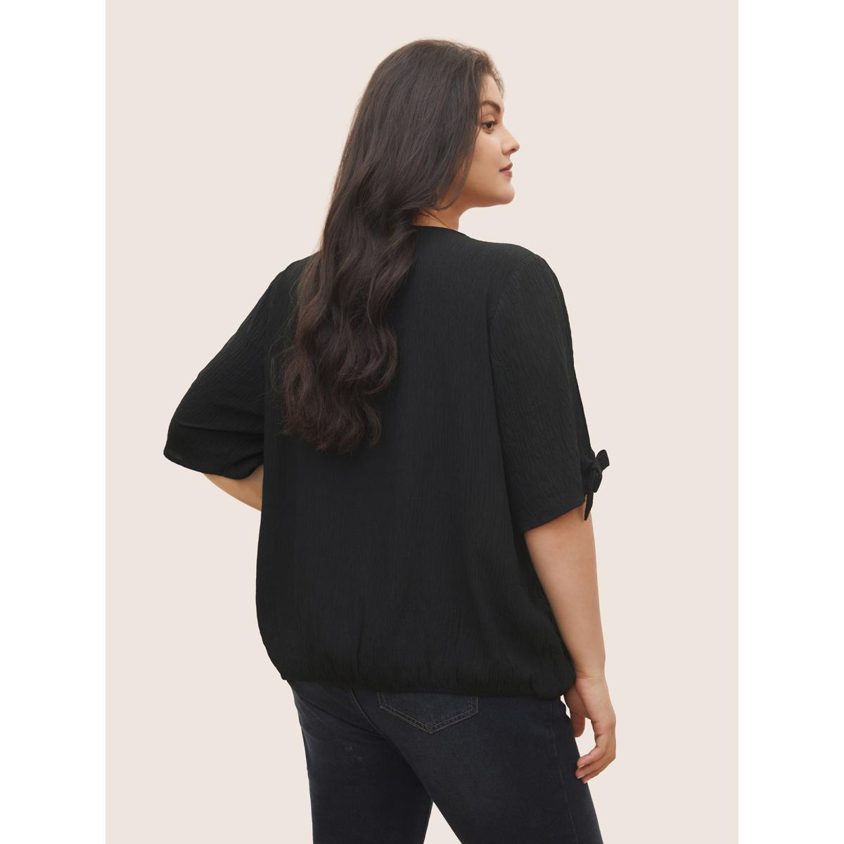 Plus Size Black Stretchy Woven Bowknot Cut Out Gathered Crisscross Blouse Women At the Office Half Sleeve V-neck Office Blouses BloomChic 14-16/1X Product Image