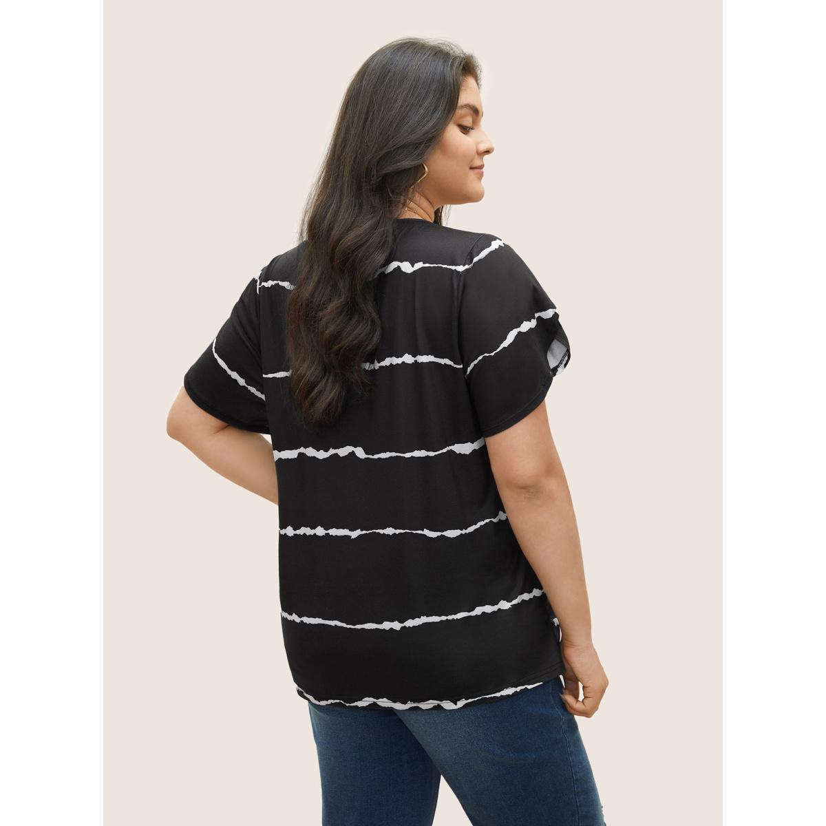 Plus Size Striped Contrast Petal Sleeve T-shirt Black Women Elegant Striped Everyday T-shirts BloomChic 22-24/3X Product Image