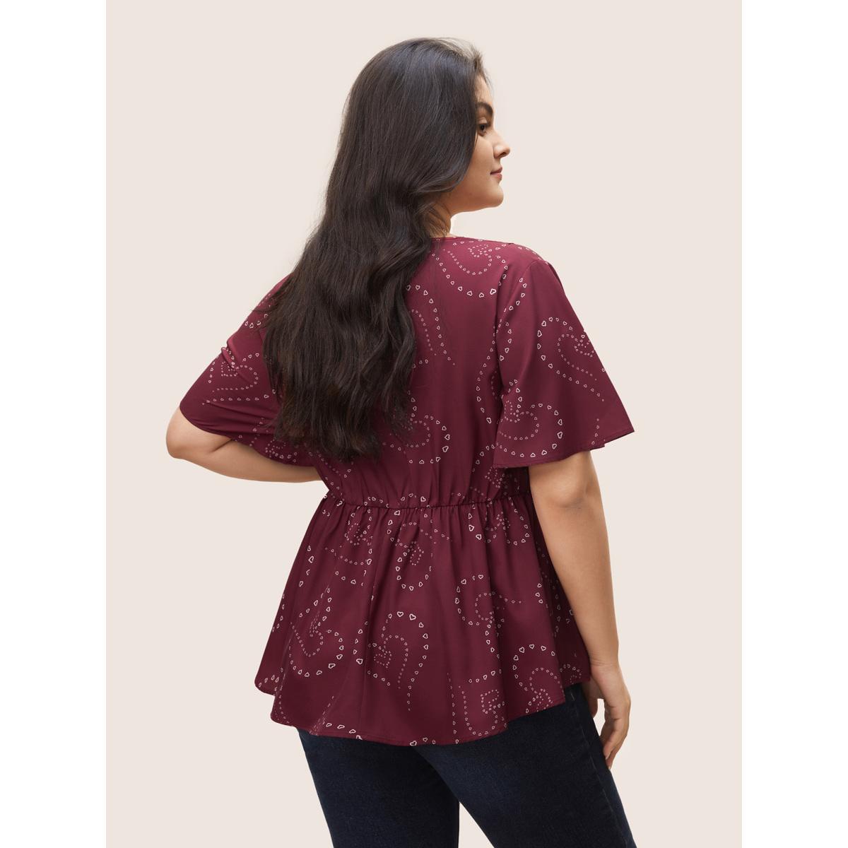 Plus Size Scarlet Heart Lace Patchwork Wrap Elastic Waist Blouse Women Elegant Short sleeve Overlap Collar Everyday Blouses BloomChic 26/4X Product Image
