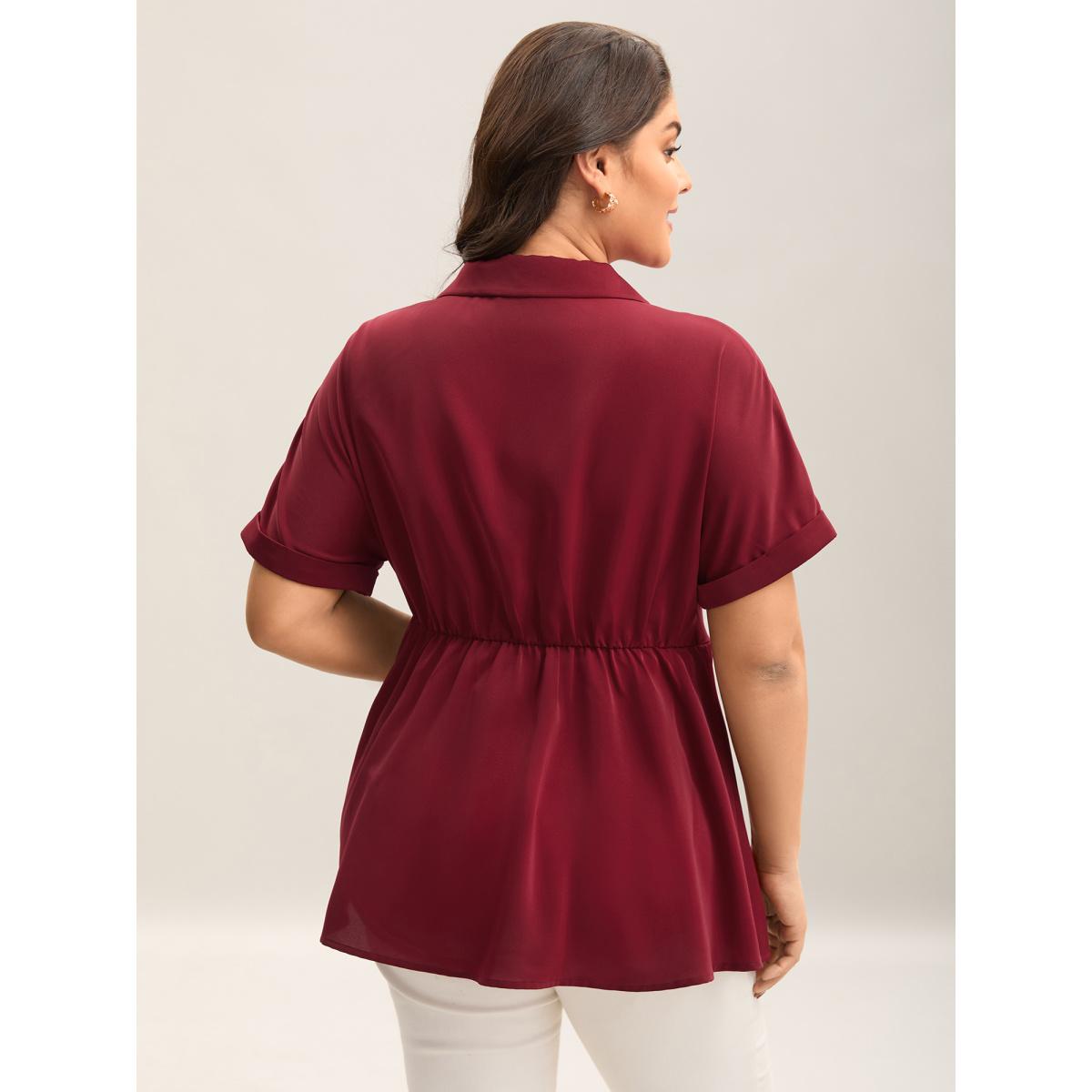 Plus Size Burgundy Side Knotted Collar Plain Shirt Women At the Office Short sleeve V-neck Work Blouses BloomChic 10/M Product Image