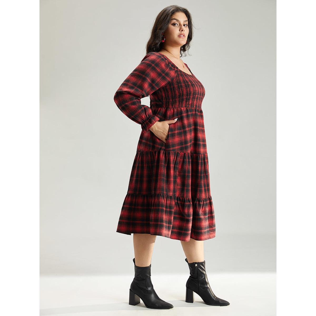 Plus Size Plaid Shirred Pocket Ruffle Trim Midi Dress Raspberry Women Elegant Gathered Square Neck Long Sleeve Curvy Midi Dress BloomChic 14-16/1X Product Image