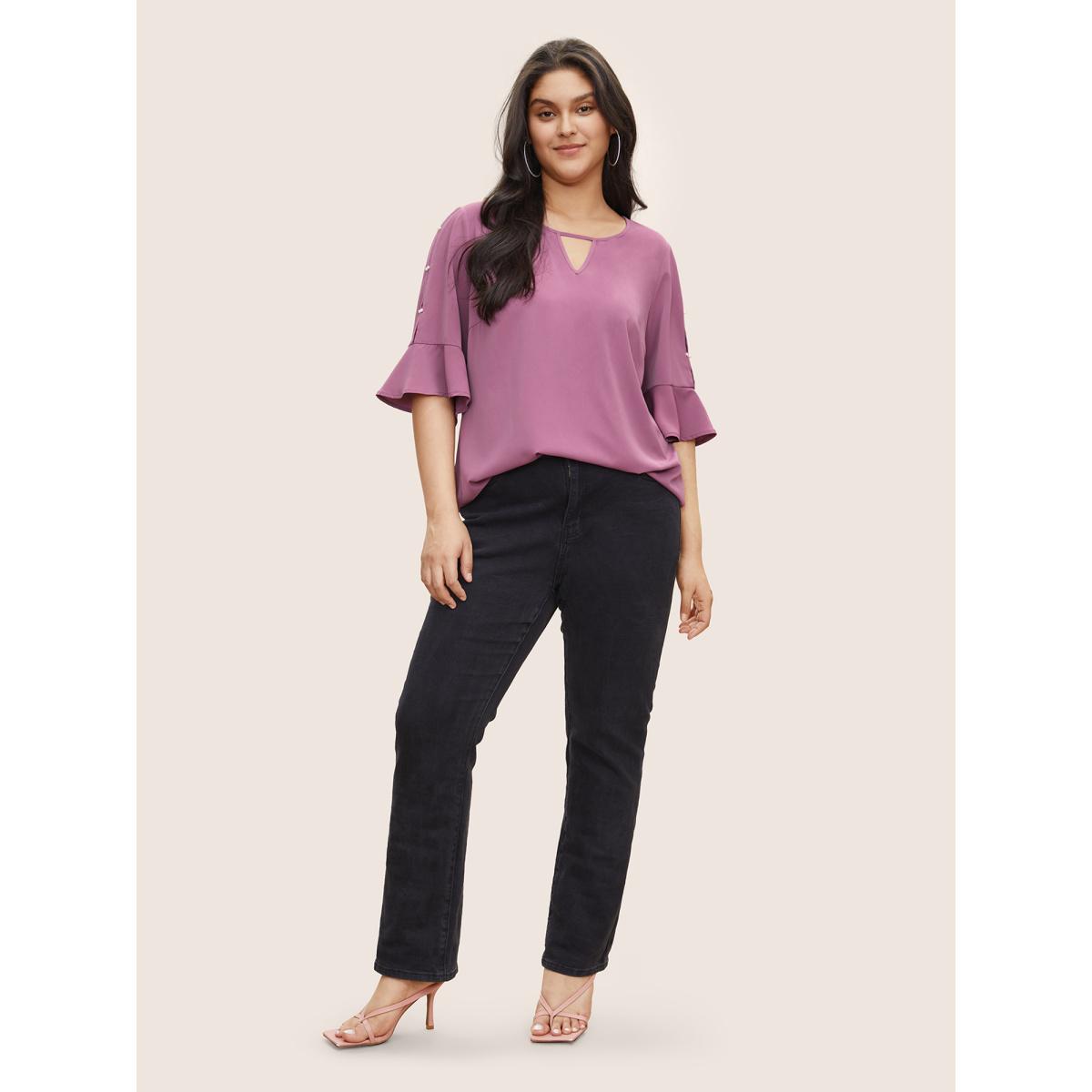 Plus Size Mauve Solid Keyhole Ruffle Sleeve Pearl Beaded Blouse Women Casual Half Sleeve Notched collar Everyday Blouses BloomChic 10/M Product Image