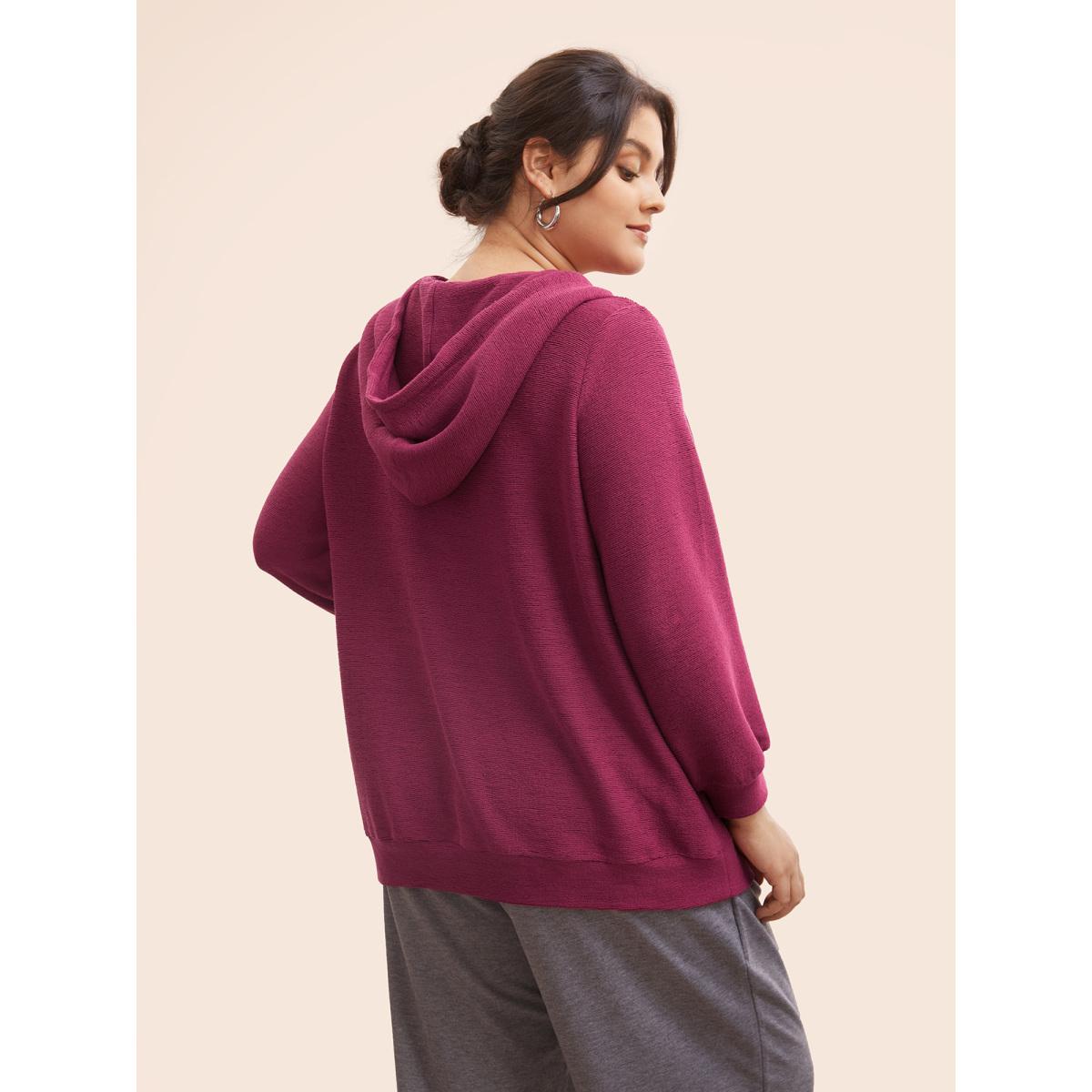 Plus Size Solid Button Up Hooded Drawstring Sweatshirt Women RedViolet Casual Texture Hooded Everyday Sweatshirts BloomChic 30/6X Product Image