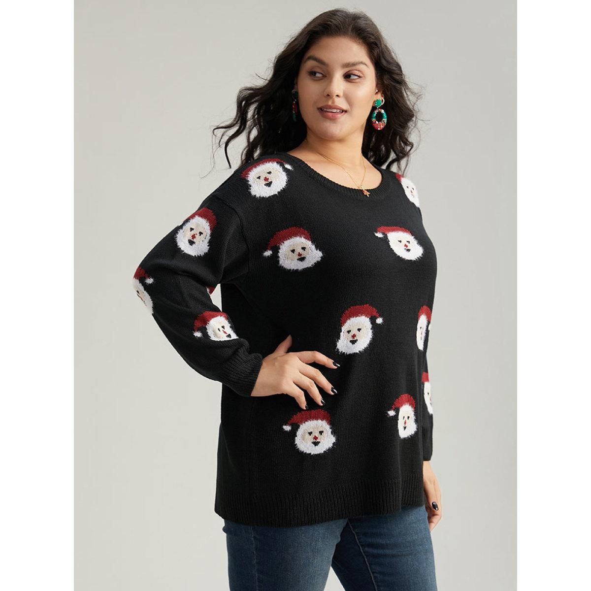 Plus Size Jolly Fellow Motifs Round Neck Pullover Black Women Casual Long Sleeve Round Neck Festival-Christmas Pullovers BloomChic 28/5X Product Image