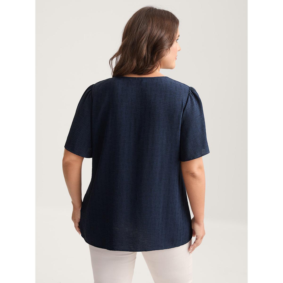 Plus Size Indigo Square Neck Lace Pleated Blouse Women Romantic Short sleeve Square Neck Elegant Blouses BloomChic 12/L Product Image