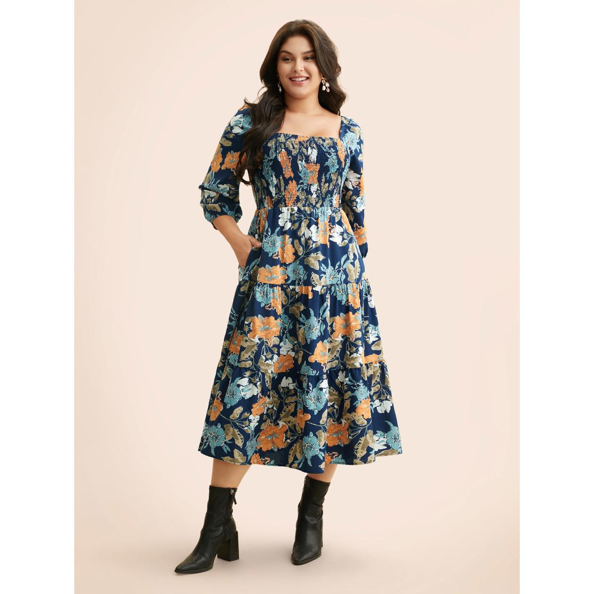 Plus Size Square Neck Floral Shirred Midi Dress Navy Women Elegant Shirred Square Neck Elbow-length sleeve Curvy BloomChic 14-16/1X Product Image