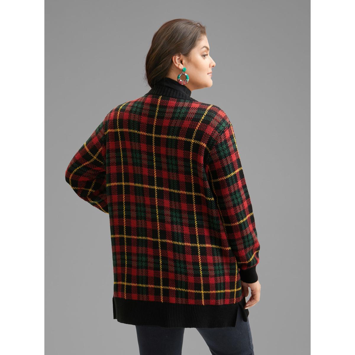 Plus Size Holiday Plaid V-neck Open Cardigan Black Women Casual Loose Long Sleeve Everyday Cardigans BloomChic 18-20/2X Product Image