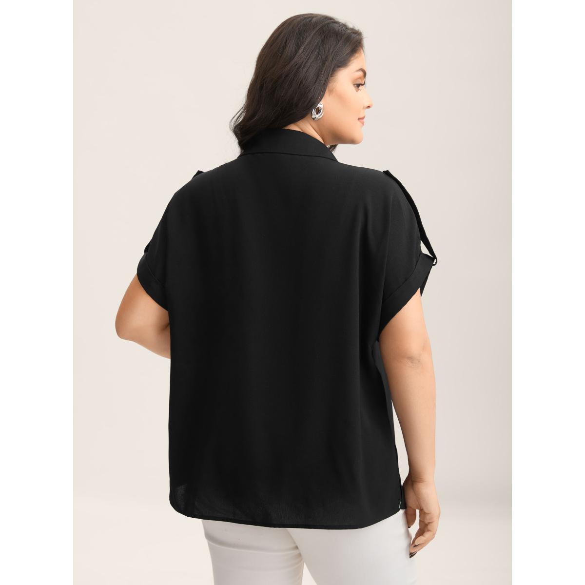 Plus Size Black Button Placket Tab Sleeve Blouse Women Short sleeve Shirt collar Work Blouses BloomChic 14-16/1X Product Image