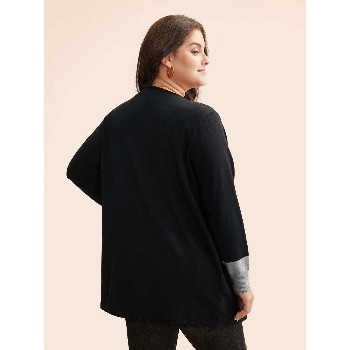 Plus Size Contrast Kimono Collar Asymmetrical Hem Cardigan Black Women Casual Loose Long Sleeve Everyday Cardigans BloomChic 30/6X Product Image