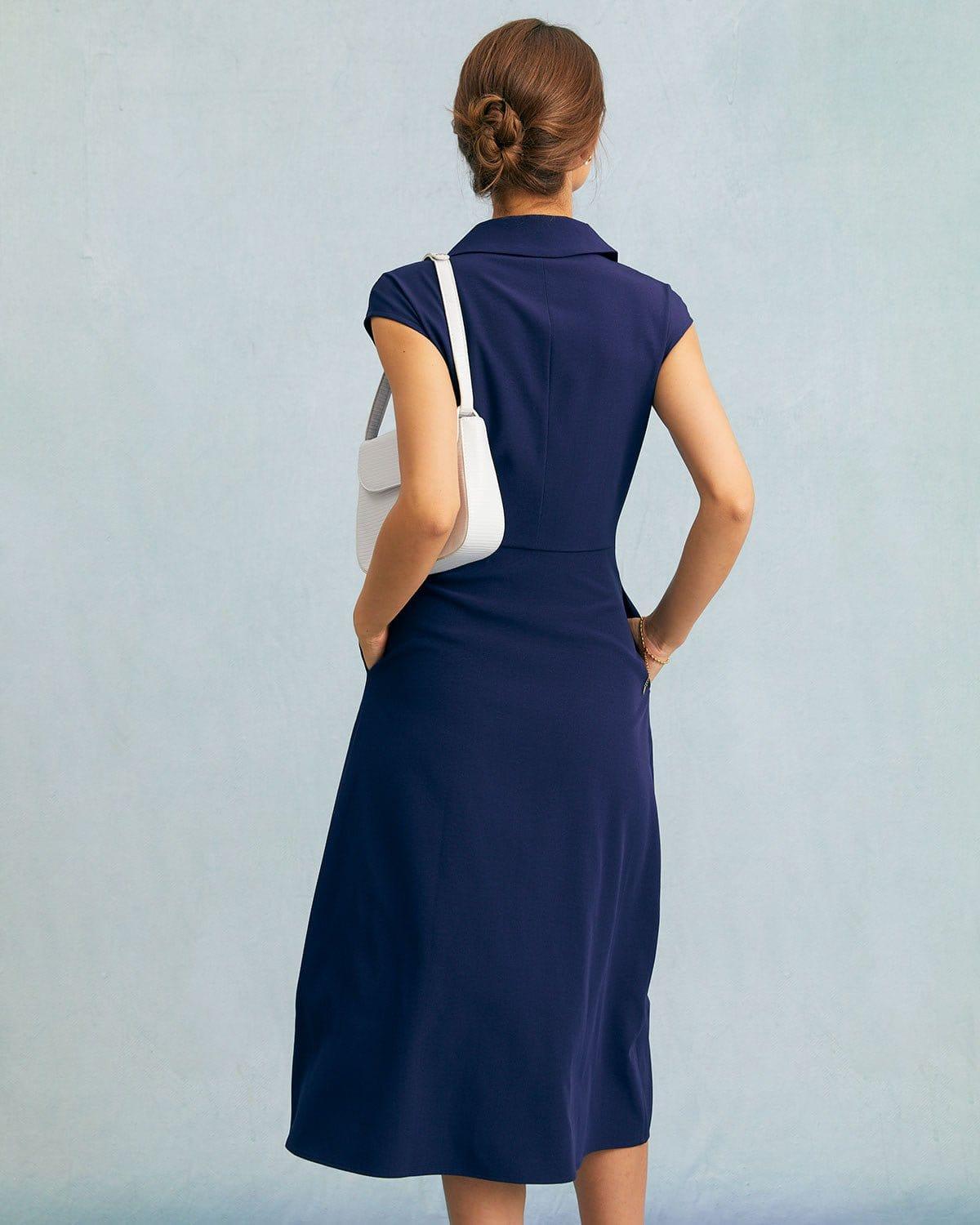 The Navy V Neck Button Cap Sleeve Midi Dress Product Image