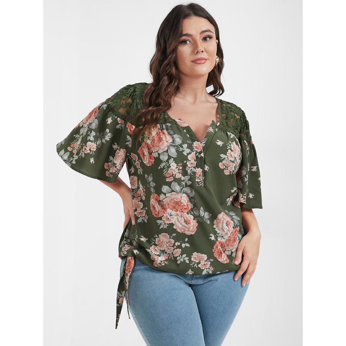 Plus Size Green Floral Contrast Lace Knotted Side Ruffled Blouse Women Elegant Half Sleeve V-neck Dailywear Blouses BloomChic 10/M Product Image