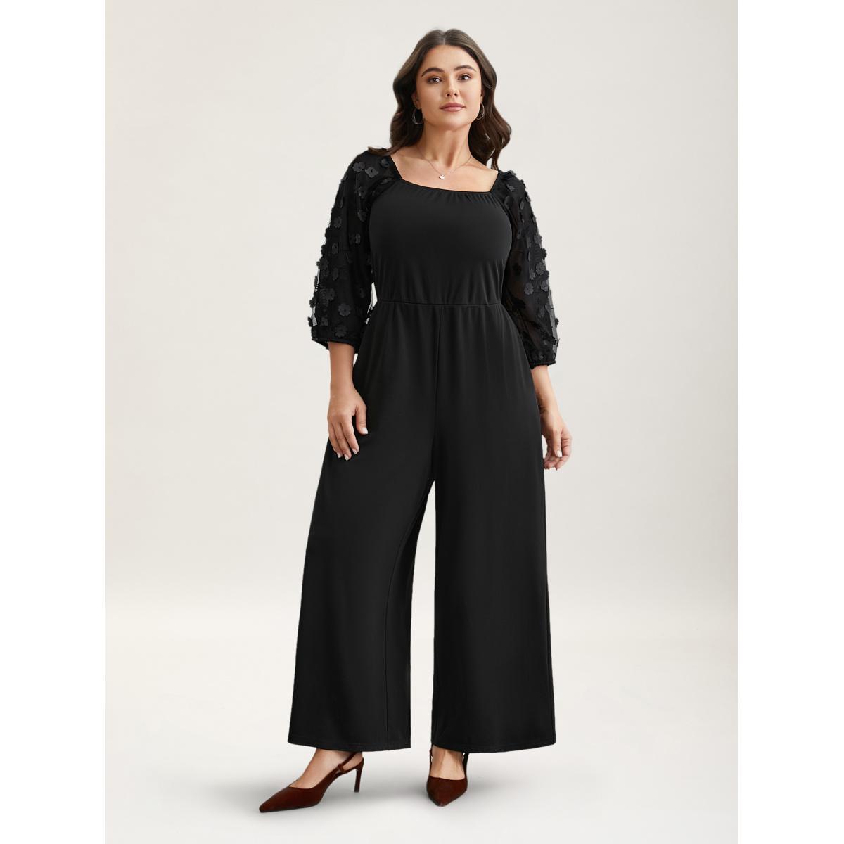 Plus Size Black Floral Mesh Sleeve Pockets Straight-Leg Jumpsuit Women Elegant Elbow-length sleeve Square Neck Elegant Loose Jumpsuits BloomChic 26/4X Product Image