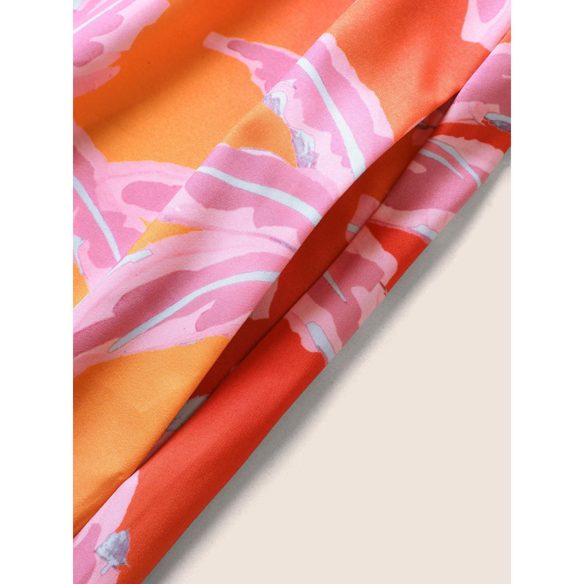 Plus Size Tropical Hand Painted Halter Belt Gathered Dress Pink Women Resort Gathered Halter neck Sleeveless Curvy BloomChic 14-16/1X Product Image