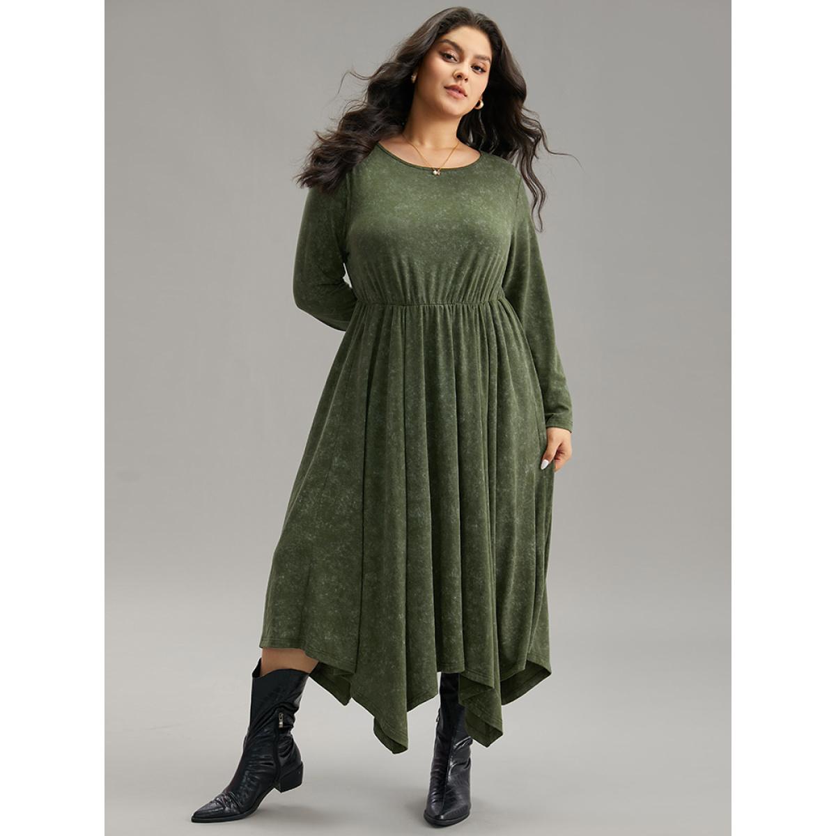 Plus Size Vintage Heather Elastic Waist Hanky Hem Dress ArmyGreen Women Casual Gathered Round Neck Long Sleeve Curvy Midi Dress BloomChic 28/5X Product Image