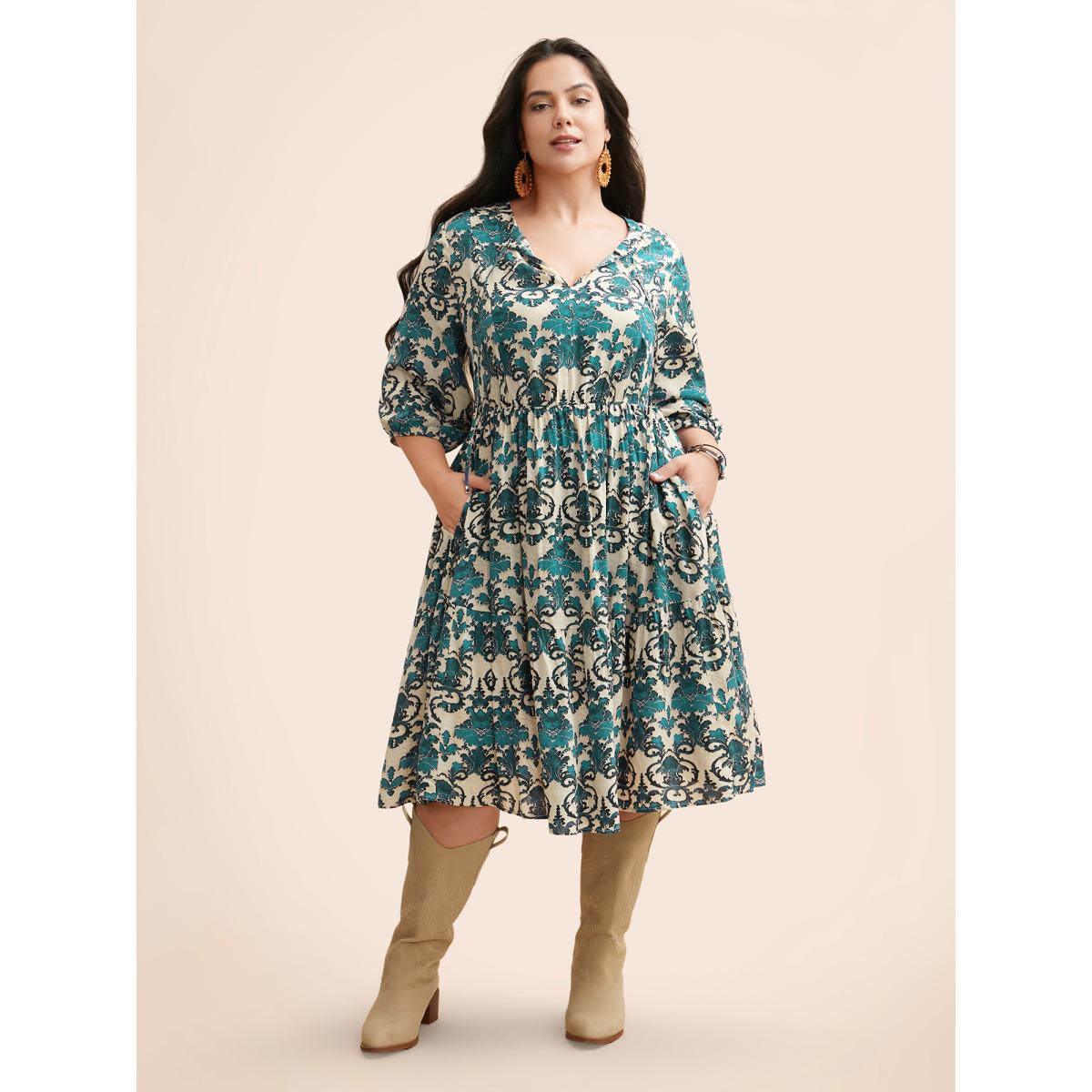 Plus Size Damask Print Tie Knot Puff Sleeve Dress Emerald Women Resort Tie knot V-neck Elbow-length sleeve Curvy BloomChic 18-20/2X Product Image