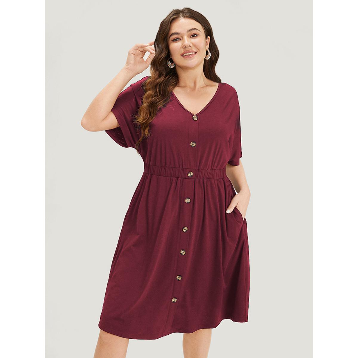 Plus Size Supersoft Essentials Contrast Button Detail Shirred Pocket Dress Scarlet Women Casual Plain V-neck Short sleeve Curvy Midi Dress BloomChic 30/6X Product Image
