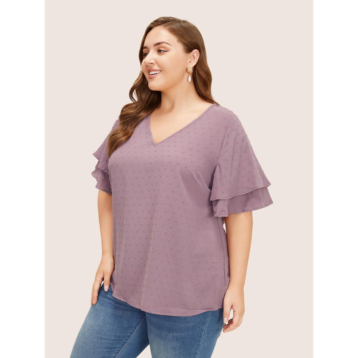 Plus Size Mauve Plain Ruffle Tiered Sleeve V Neck Polka Dot Blouse Women Timeless Short sleeve V-neck Elegant Blouses BloomChic 28/5X Product Image