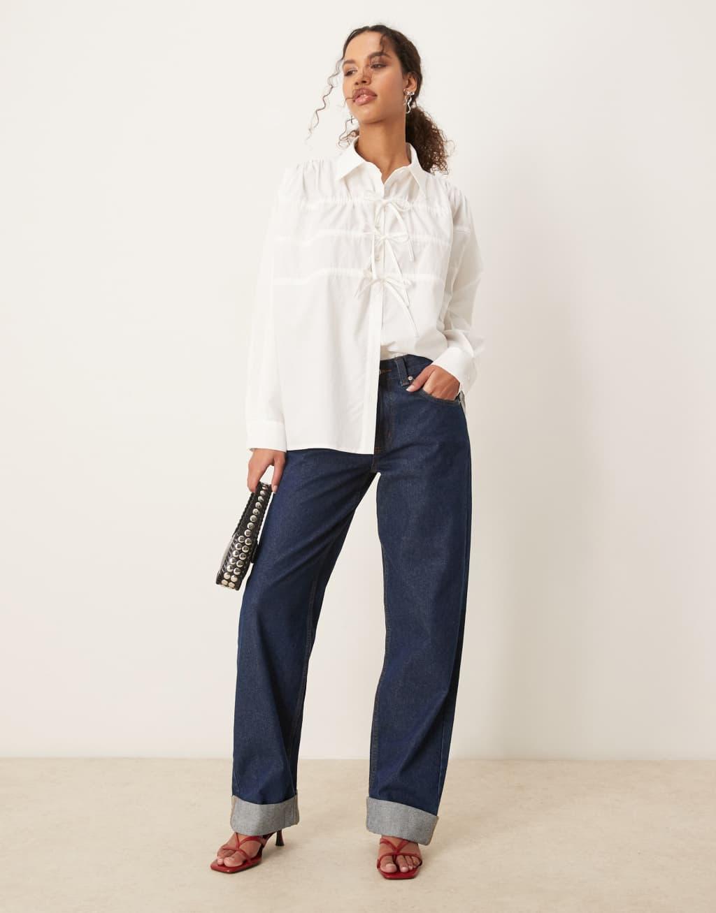 Ghospell drawstring bow detail blouse in pearl ivory Product Image