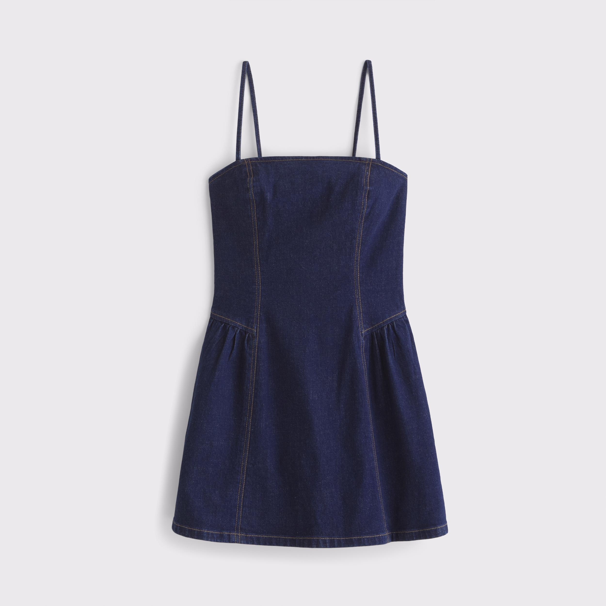 Dipped-Waist Denim Crossback Mini Dress Product Image