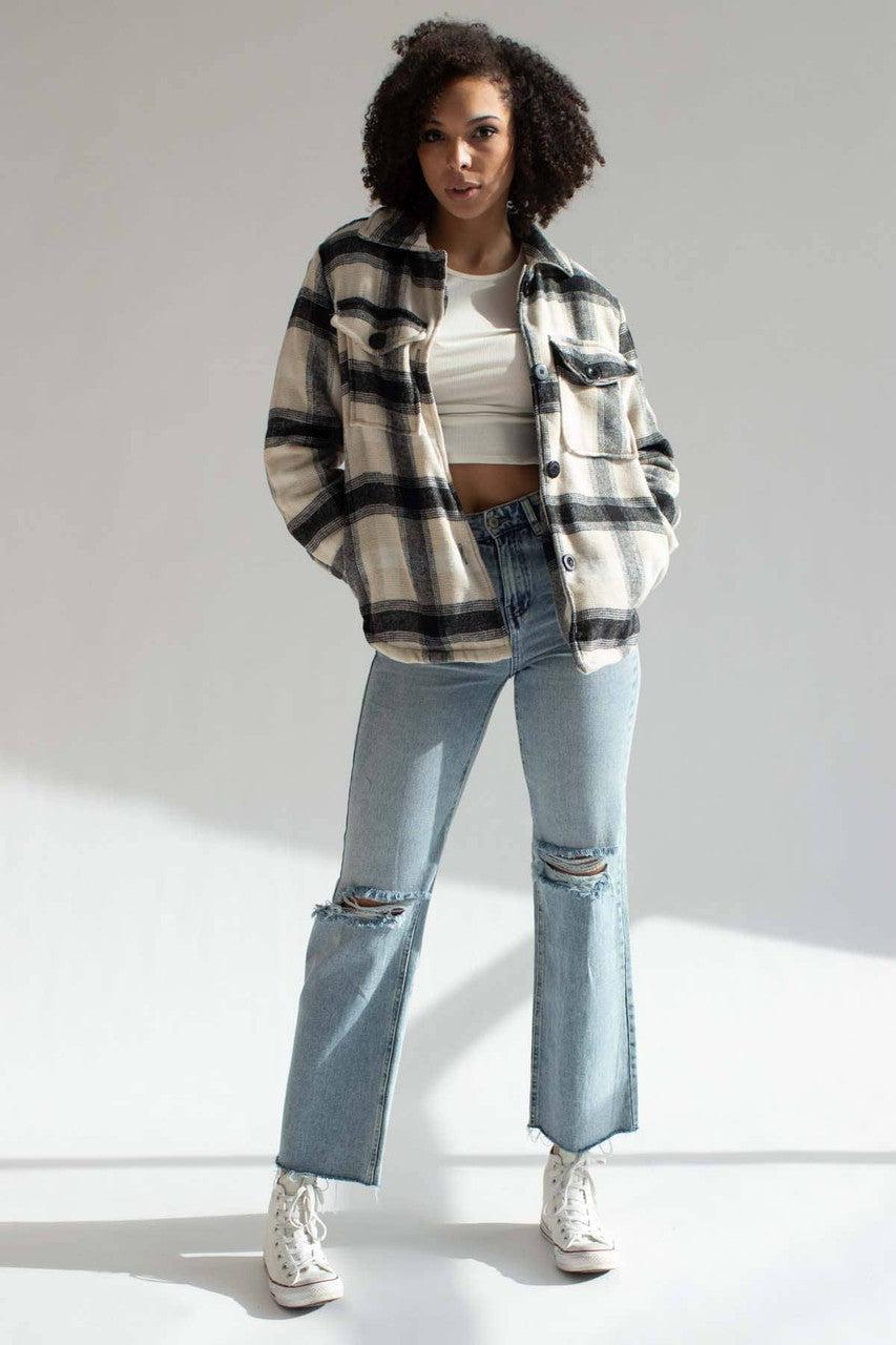 Beige & Black Plaid Lined Shacket Product Image