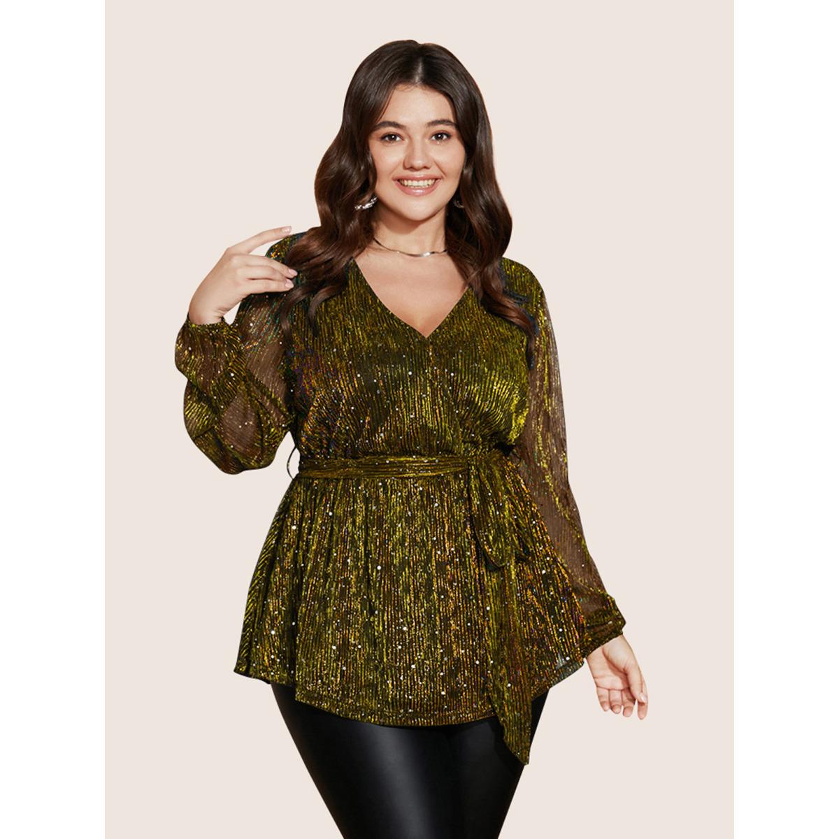 Plus Size Aegean Sequin Mesh Lantern Sleeve Wrap Belted Striped Blouse Women Party&Cocktail Long Sleeve Overlap Collar Party Blouses BloomChic 22-24/3X Product Image