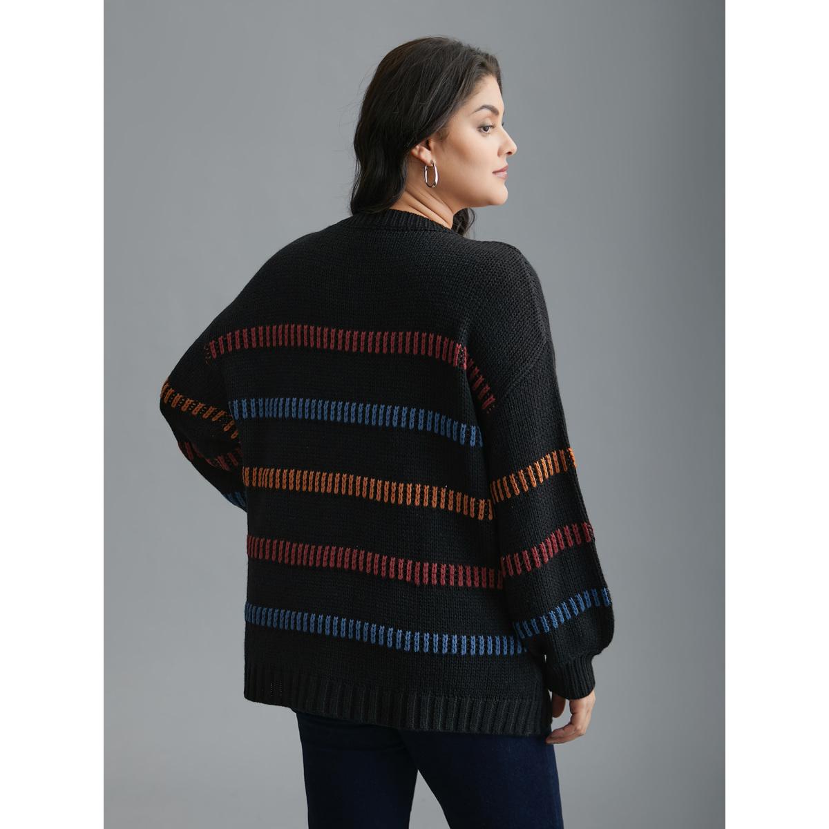 Plus Size Multi-Color Stripes Textured Crew Neck Pullover Black Women Casual Loose Long Sleeve Round Neck Everyday Pullovers BloomChic 28/5X Product Image