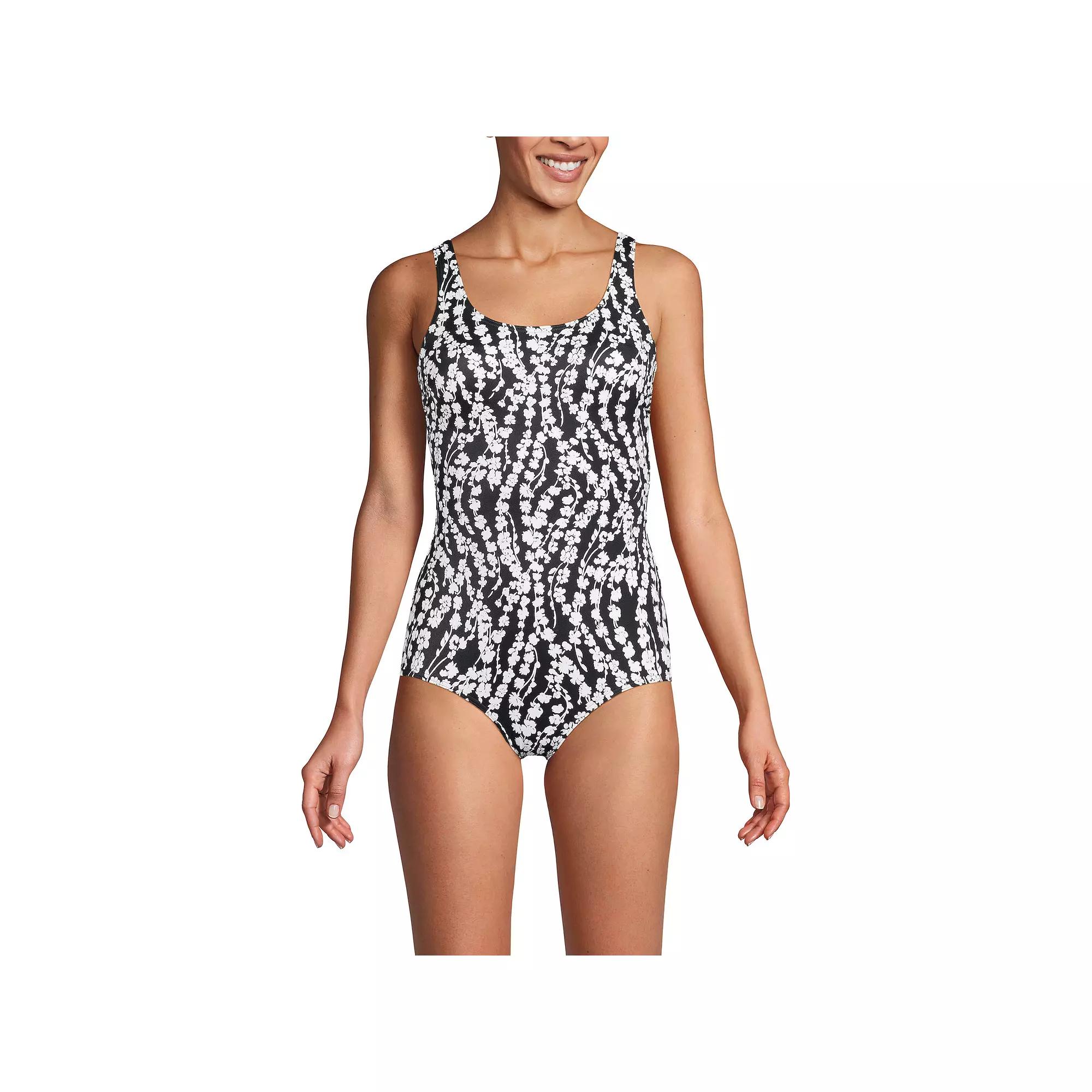 Women's Lands' End D-Cup Chlorine-Resistant Tugless Sporty One-Piece Swimsuit, Size: 10D, Black White Floral Product Image