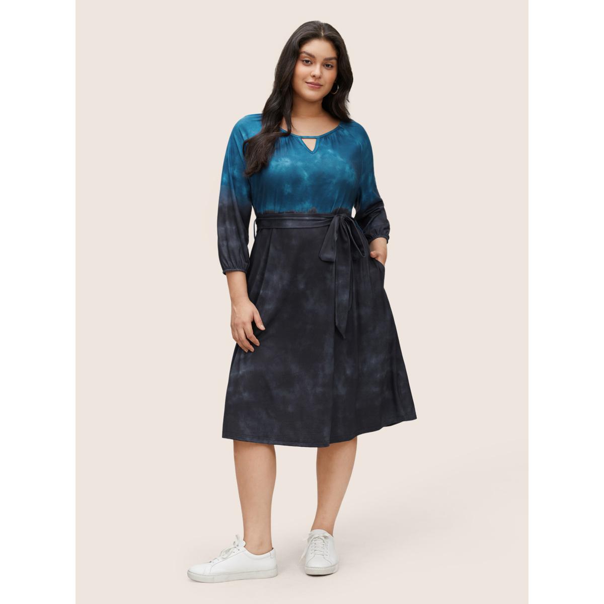Plus Size Tie Dye Cut Out Belted Elastic Cuffs Dress DarkBlue Women Casual Non Notched collar Elbow-length sleeve Curvy Midi Dress BloomChic 12/L Product Image