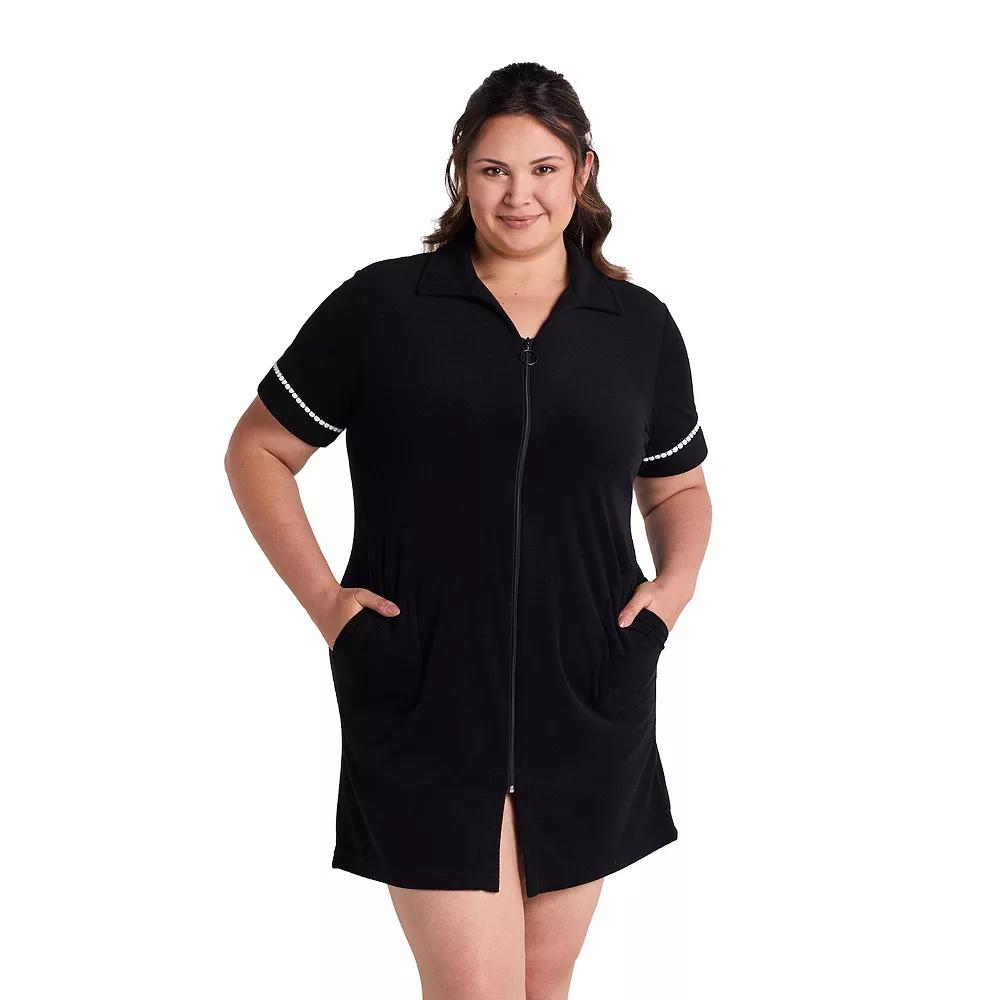 Plus Size Miss Elaine Essentials Terry Short Zip Robe, Women's, Size: 2XL, Black Product Image