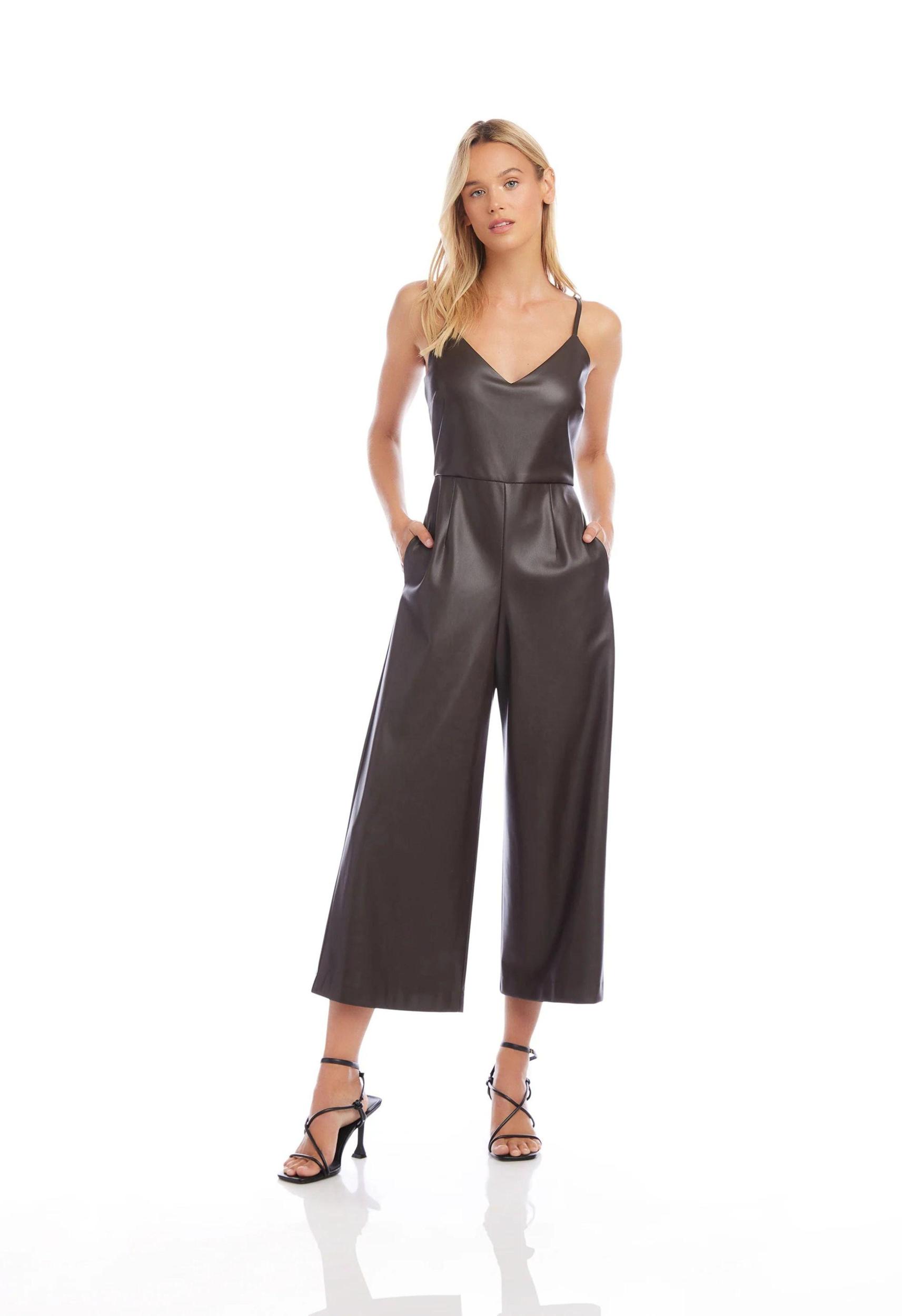 Faux Leather Jumpsuit in Brown Product Image