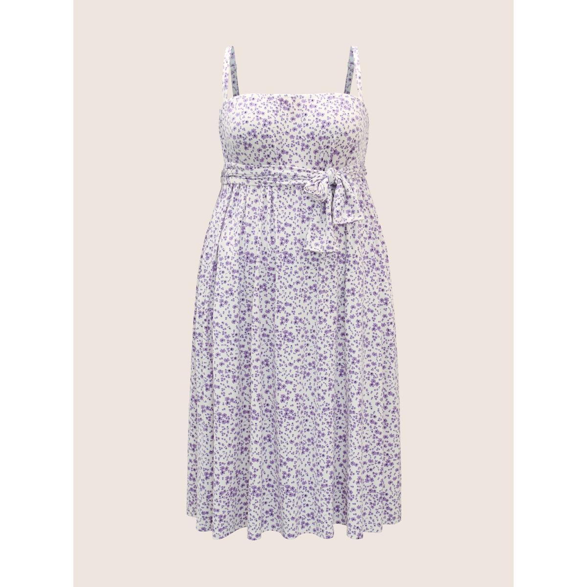 Plus Size Everywhere Dress - Ditsy Floral Belted Dress Lilac Women Elegant Belted Non Short sleeve Curvy BloomChic 14-16/1X Product Image