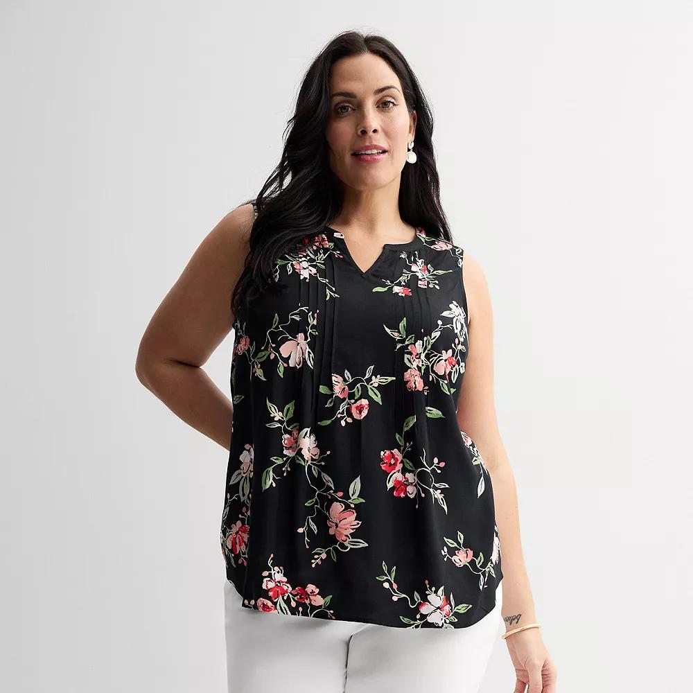 Plus Size Croft & Barrow® Pintuck Sleeveless Shell Top, Women's, Size: 3XL, Black Team Floral Product Image