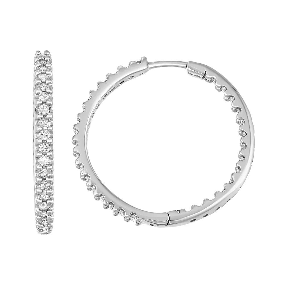 14k White Gold 1 Carat T.W. Diamond Inside-Out Hoop Earrings, Women's, 14k Gold Product Image