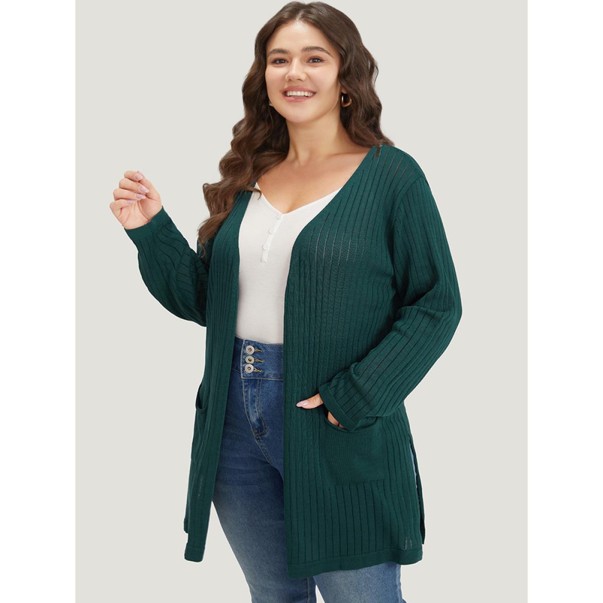 Plus Size Solid Rib Knit Pocket Lightweight Tunic Cardigan Green Women Basics Loose Long Sleeve Everyday Cardigans BloomChic 18-20/2X Product Image