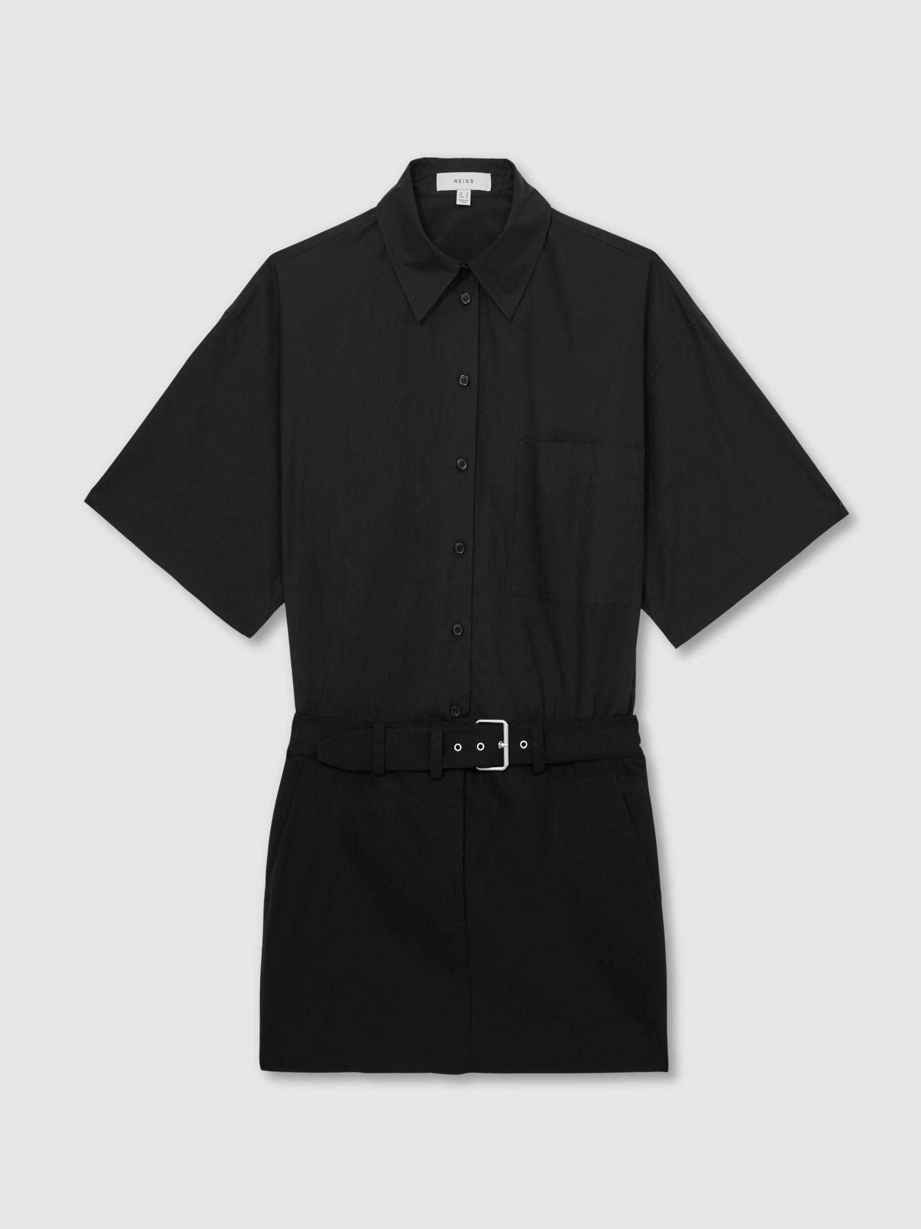 Cotton Woven Belted Shirt Dress in Black Product Image