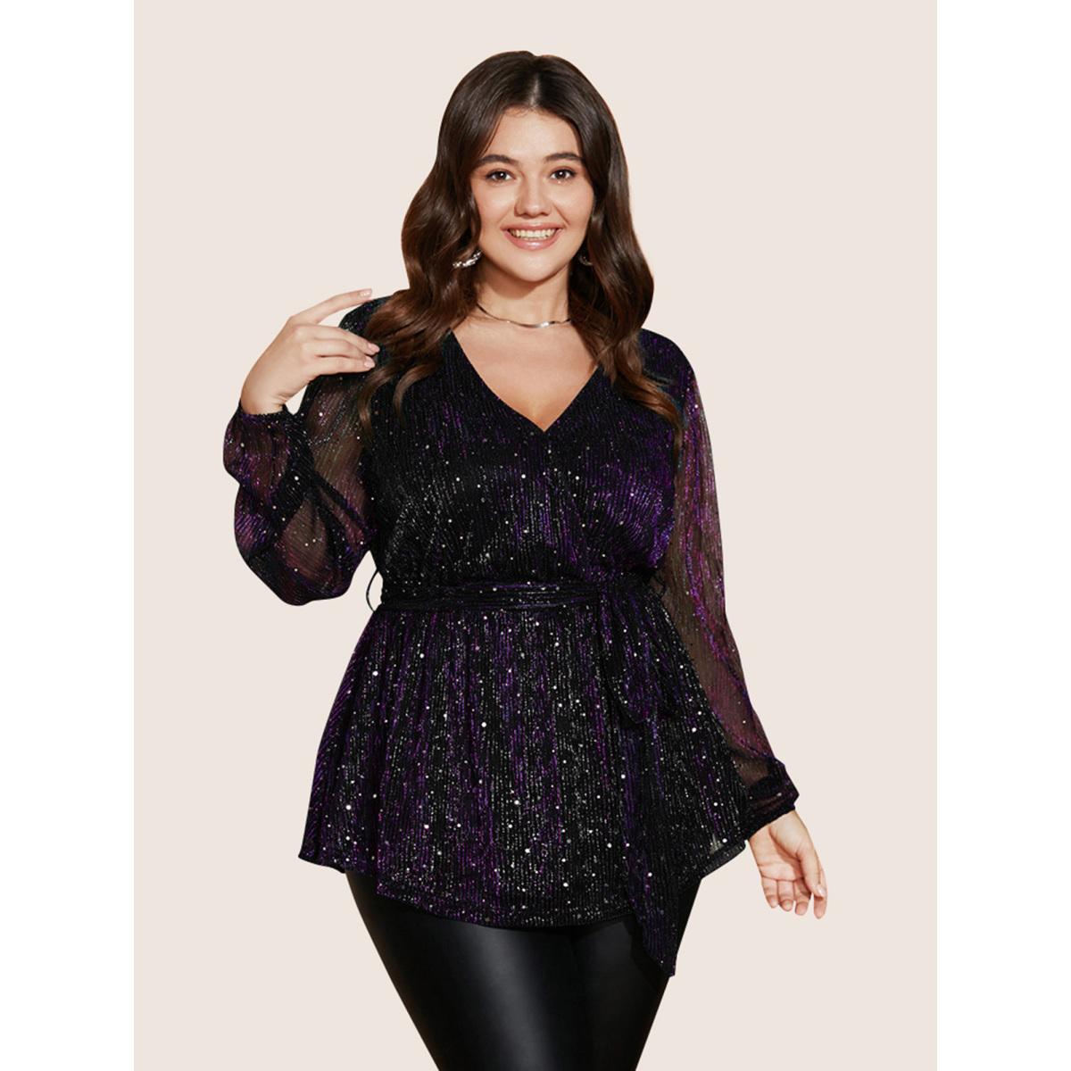 Plus Size Deeppurple Sequin Mesh Lantern Sleeve Wrap Belted Striped Blouse Women Cocktail Long Sleeve Overlap Collar Party Blouses BloomChic 18-20/2X Product Image