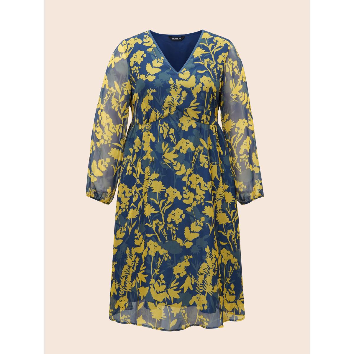 Plus Size V Neck Silhouette Floral Print Mesh Dress Navy Women Elegant Gathered V-neck Long Sleeve Curvy BloomChic 12/L Product Image