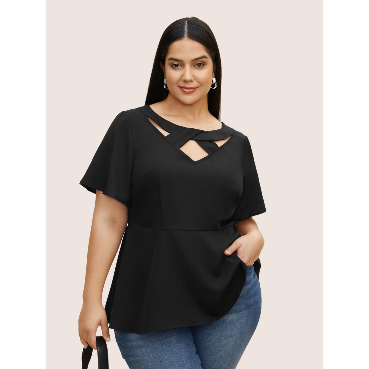 Plus Size Black Plain Cut Out Gathered Flutter Sleeve Blouse Women Work From Home Short sleeve Round Neck Work Blouses BloomChic 18-20/2X Product Image