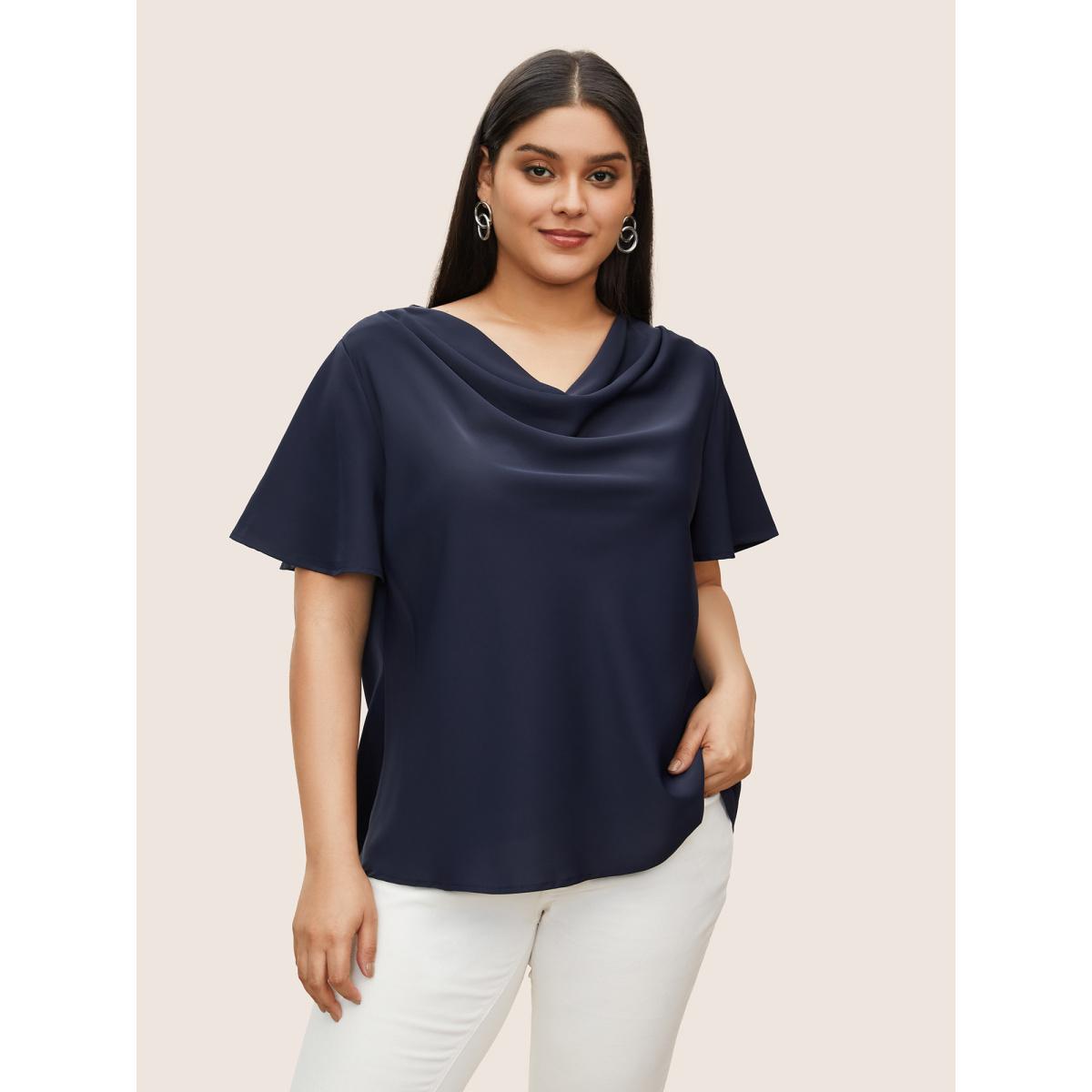 Plus Size Indigo Plain Cowl Neck Ruffle Sleeve Blouse Women Work From Home Short sleeve Cowl Neck Work Blouses BloomChic 12/L Product Image