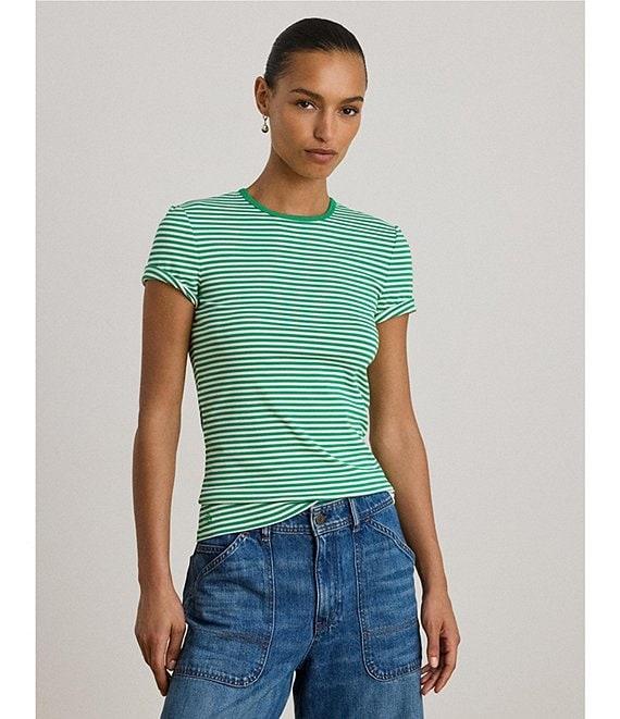 Lauren Ralph Lauren Stretch Cotton Stripe Ribbed Crew Neck Short Sleeve Tee Product Image