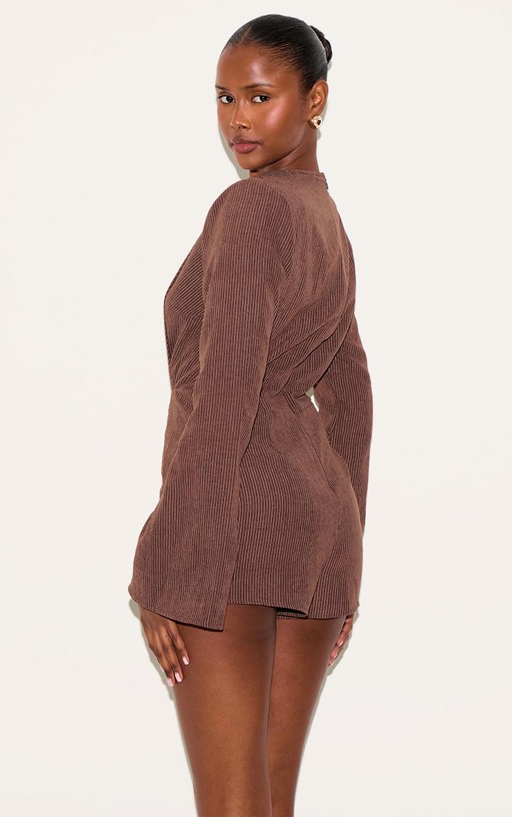 Brown Pinstripe Peachskin Wrap Front Long Sleeve Romper Product Image