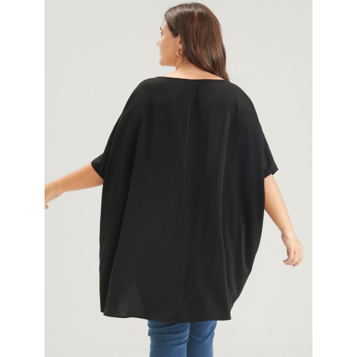Plus Size Black Plain Ruffles Asymmetrical Hem Dolman Sleeve Embroidered Blouse Women Casual Half Sleeve Round Neck Dailywear Blouses BloomChic 10/M Product Image