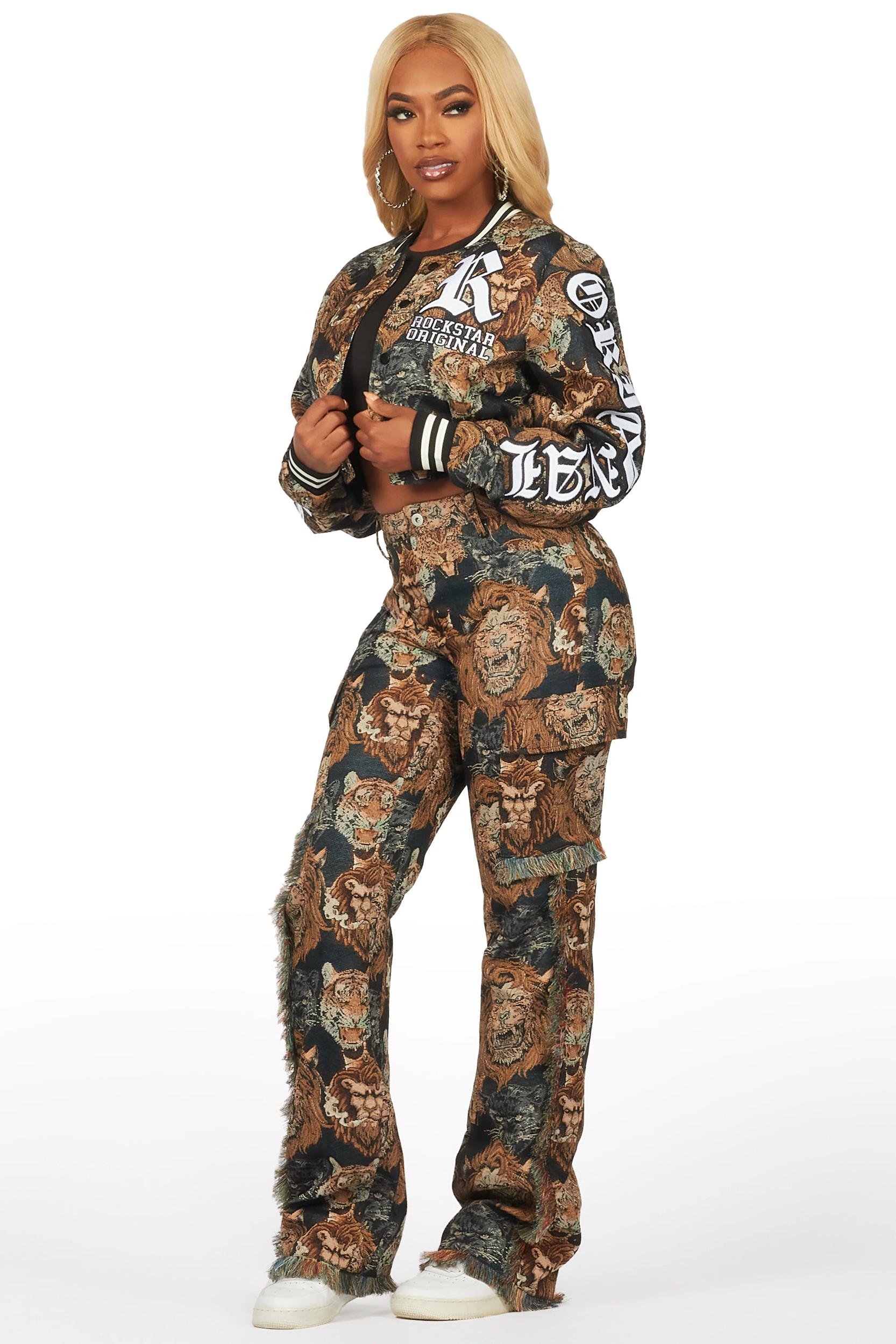 Khadiyah Black Animal Print Tapestry Stacked Pant Female Product Image