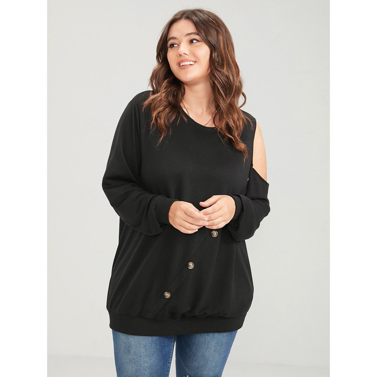 Plus Size Solid Button Detail Cut Out Sweatshirt Women Black Casual Button Round Neck Dailywear Sweatshirts BloomChic 28/5X Product Image