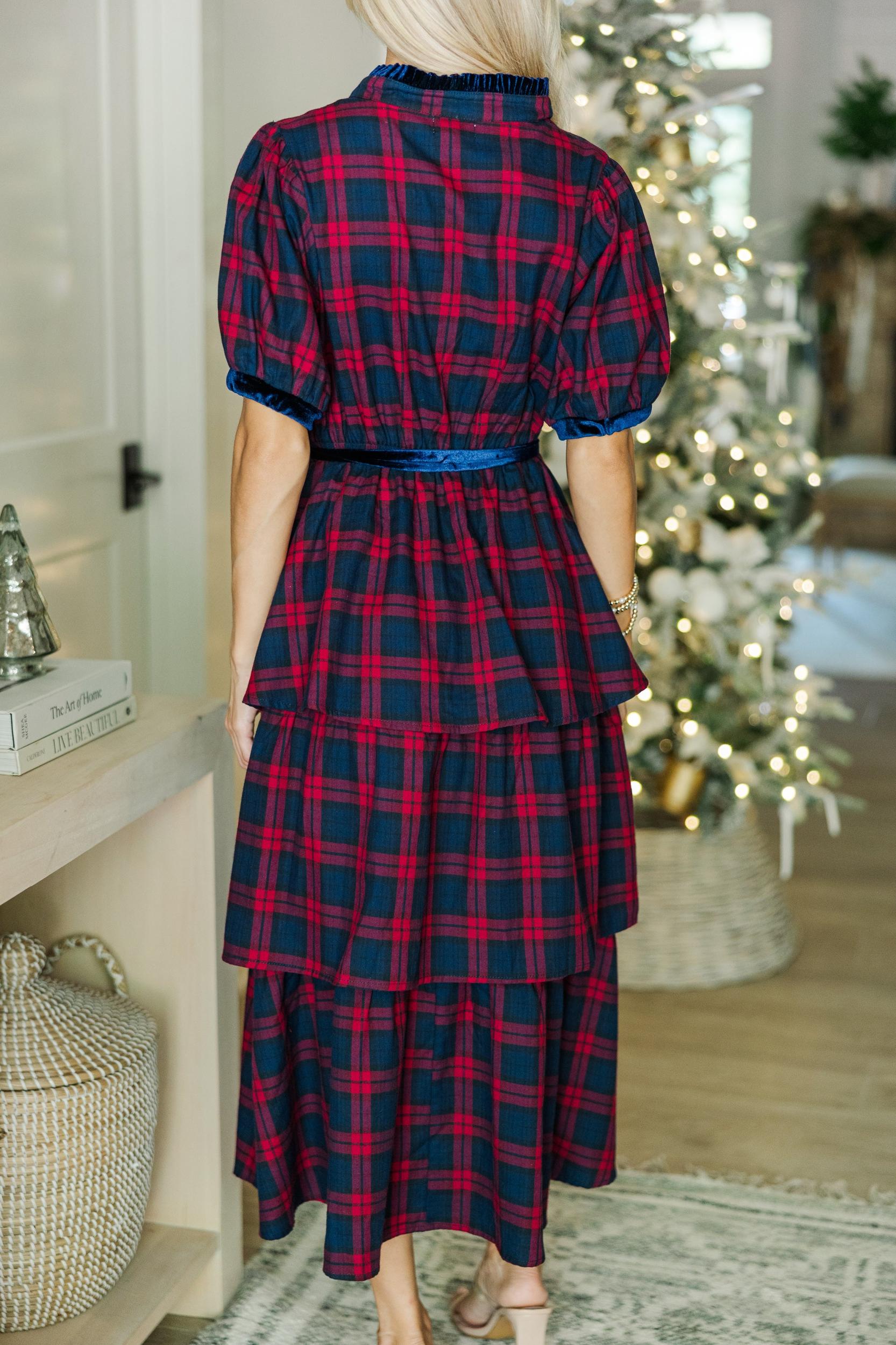 Feeling The Joy Red Tartan Plaid Midi Dress Female Product Image