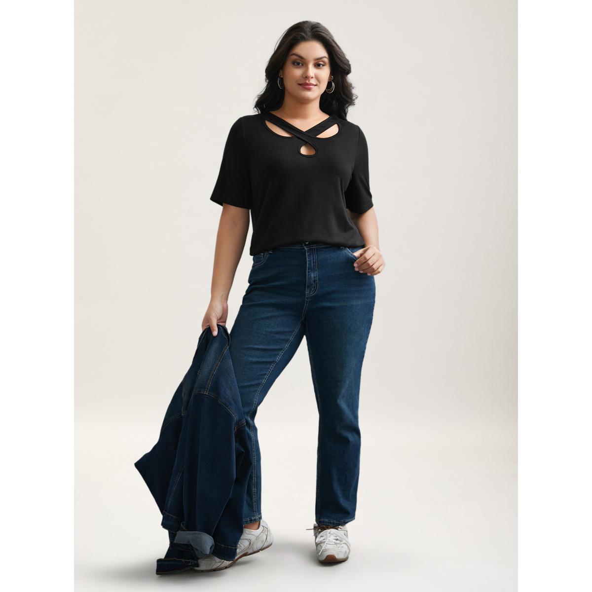 Plus Size Crossover Keyhole Plain Stretchy T-Shirt Black Women Leisure Cut-Out Asymmetrical Neck Casual T-shirts BloomChic 26/4X Product Image