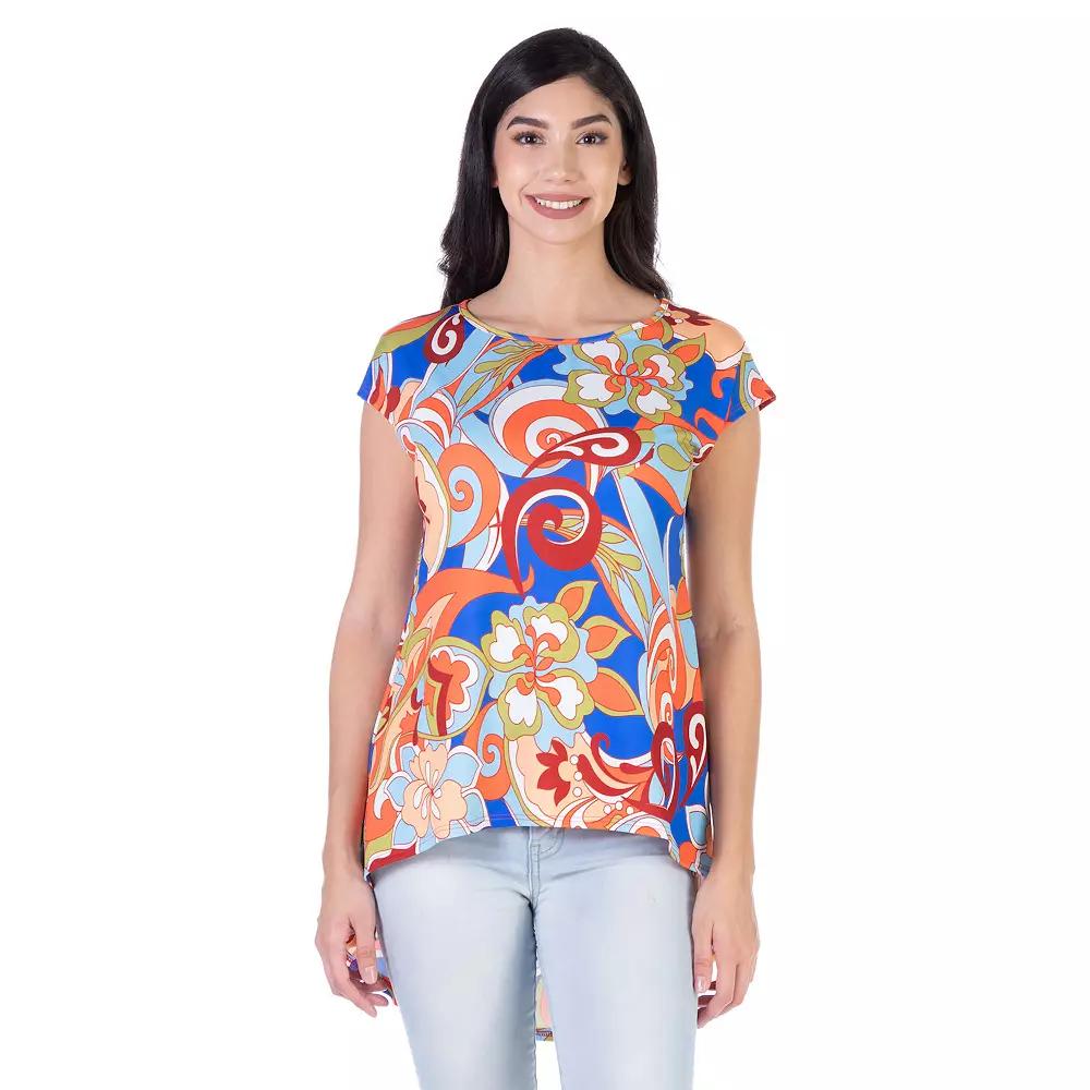 Women's 24Seven Comfort Apparel Multicolor Floral Short Sleeve High Low Tunic Top,  Product Image